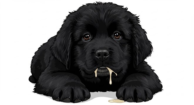 Black Newfoundland Puppy with Drool: A cute black Newfoundland puppy lies down, with drool dripping from its mouth, looking at the camera with innocent eyes.