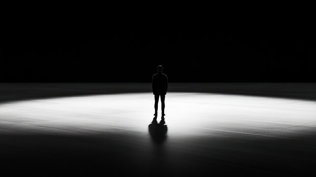 Silhouetted man alone, spotlight, dark room, uncertainty, poster