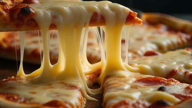 Macro video of cheese strings breaking as a slice of pizza is lifted, cinematic food photography with detailed textures, bright studio lighting