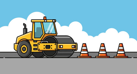 Naklejka premium Yellow construction road roller vehicle on asphalt with traffic cones under blue sky illustration for building works and highway maintenance
