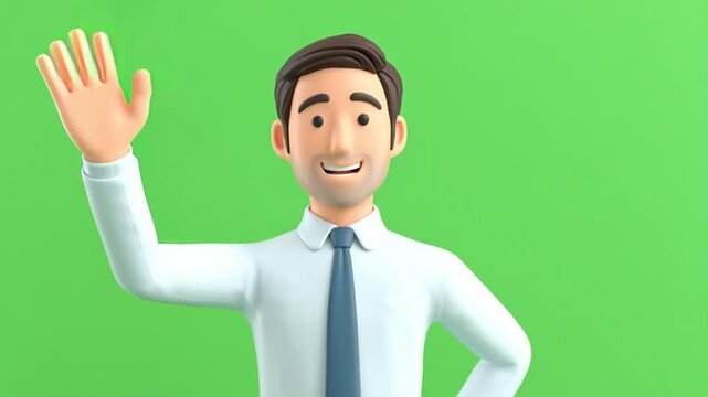 A 3D businessman standing and waving with a friendly, smiling face. He is wearing a white shirt and a blue tie, has dark hair, and sports light stubble. Set against a green background. 