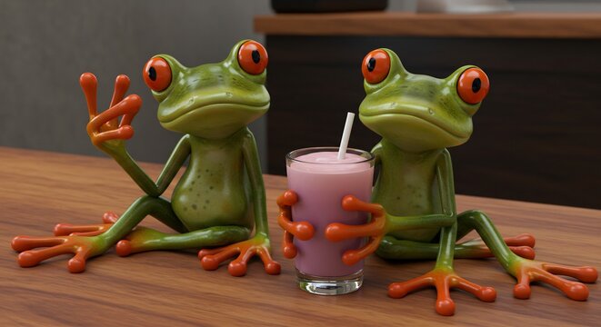 Two Frogs Enjoying a Smoothie: Two charming tree frogs, with striking red eyes, relax together, one holding a colorful smoothie with a straw, as they chill on a wooden surface.