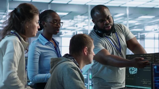 Team members artificial intelligence engineers repairing data center systems while showing secure storage, threat prevention and cybersecurity monitoring.