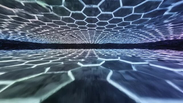 Futuristic purple hexagonal perspective grid tunnel.