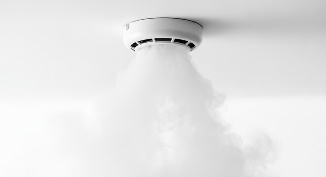Smoke detector triggered emitting dense white smoke on white ceiling background.