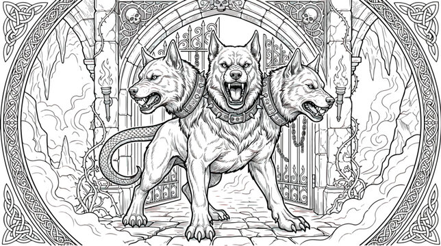 Mythological Cerberus three headed dog line art, ancient Greek underworld guardian vector, coloring page illustration of hellhound at gates