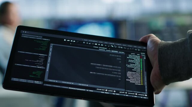 Engineer manipulating lines of code for AI applications development using device, camera A close up, while computer scientist in data center solving tasks on tablet, running programming scripts.