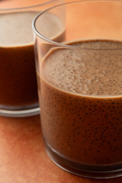 A closeup view of chocolate chia pudding.