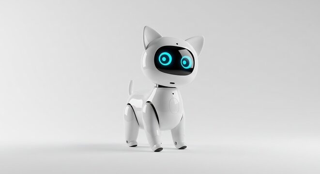Robotic Cat Companion: A cute and futuristic white robot cat with glowing blue eyes stands on a white background, representing advanced technology and artificial intelligence in a playful form.