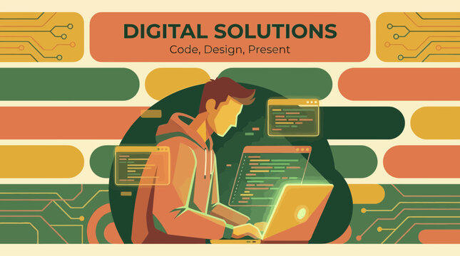 Man coding on laptop, digital solutions, technology, programming, software development