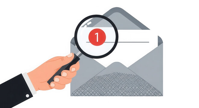 Hand holding magnifying glass over an open envelope with an error alert isolated on transparent background