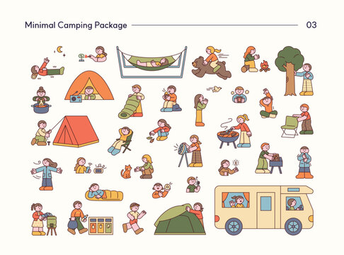 Minimal vector camping character collection featuring relaxing, cooking, camping, camper van, tents, campfire, outdoor activities, and nature.