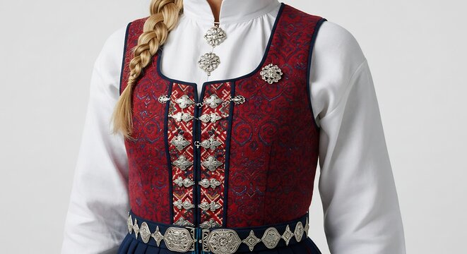 Norwegian Traditional Costume Detail: Close-up of a woman wearing a meticulously crafted red bunad with intricate embroidery and silver embellishments, showcasing cultural heritage.