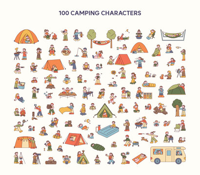 Minimal vector collection of 100 camping characters featuring outdoor adventures, tents, campfires, hiking, cooking, fishing, and relaxing in nature.