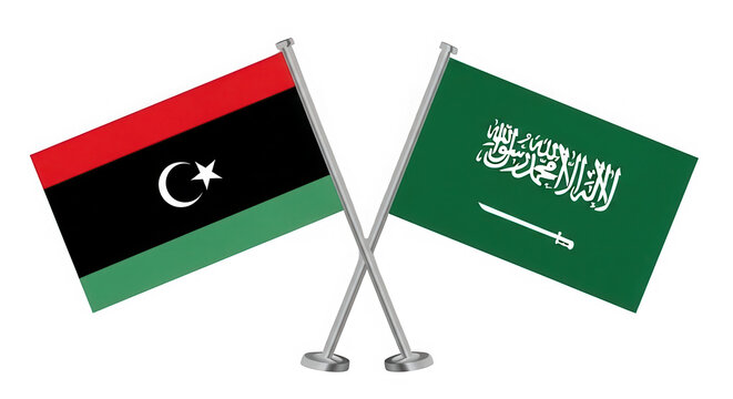 Crossed flags of Libya and Saudi Arabia isolated on transparent background