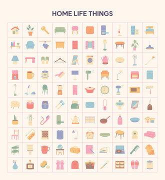 Minimal vector collection of 100 home life icons featuring household furniture, appliances, kitchen tools, bathroom essentials, and daily living objects.