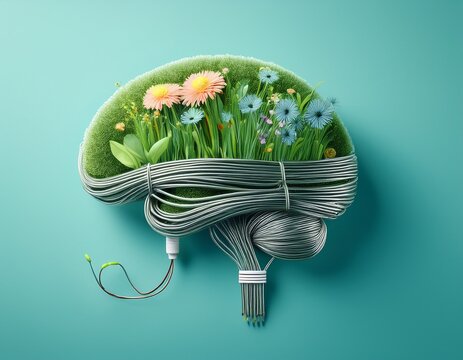 a creative brain with grass and flowers growing inside and wires wrapped around it on a light blue background