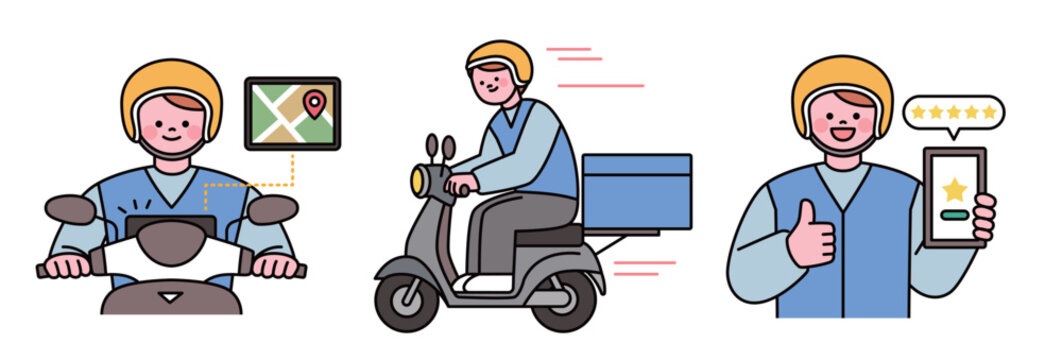 Minimal vector delivery character set featuring GPS navigation, fast courier service, scooter delivery, and customer rating feedback.
