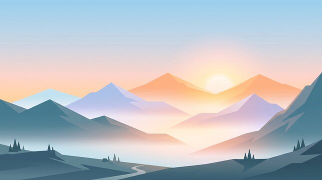 A serene geometric landscape featuring layered low-poly mountains and pine trees emerging from a morning mist under a soft sunrise.