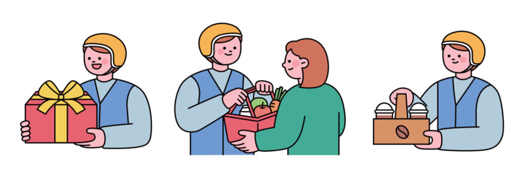 Minimal vector delivery character set featuring gift delivery, grocery delivery, and coffee takeaway service with friendly courier characters.
