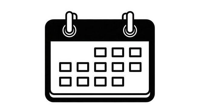 Black and white pixel art calendar icon for digital web interface isolated on transparent background