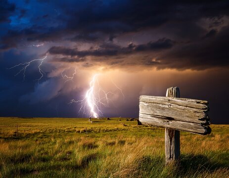 dramatic lightning storm over a grassy plain with a weathered wooden sign