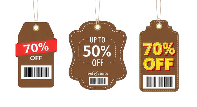 Three brown discount price tags with percentage off and barcode symbols isolated on transparent background