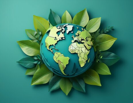 earth globe encircled by vibrant green leaves on a light teal background