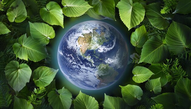 earth encircled by lush green leaves