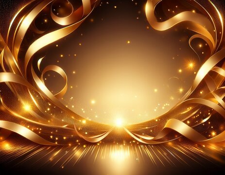 elegant abstract design with golden ribbons sparkling lights and a central bright frame