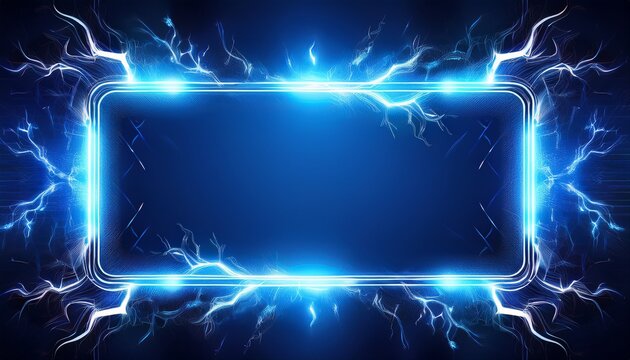 electric blue rectangular frame sparking with vibrant lightning bolts on a deep blue background