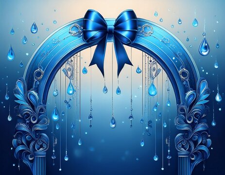 elegant blue arch design featuring ribbon bow and dangling water droplets