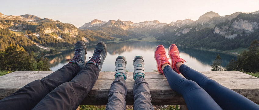 Family relaxing on a wooden bench overlooking a serene mountain lake at sunset, enjoying a peaceful vacation and outdoor adventure for commercial technology, business, marketing, web