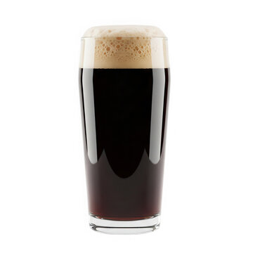 A glass of cold dark stout beer with creamy foam head isolated on transparent background