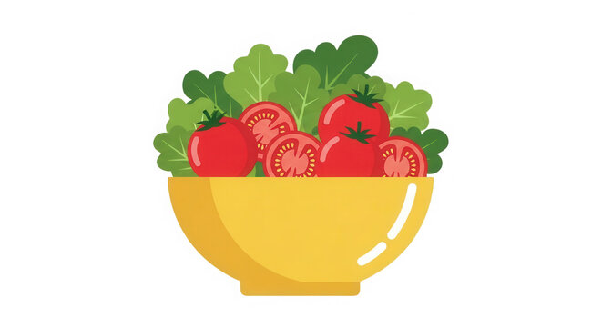 Pixel art salad bowl with fresh red tomatoes and green lettuce leaves isolated on transparent background
