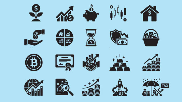 Financial and investment icon set featuring stock market, wealth management, money growth, cryptocurrency, real estate, banking, and business icons