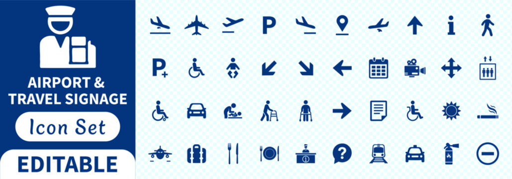 Editable airport and travel signage icon set with airplane, parking and accessibility symbols for navigation