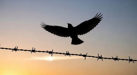 Fototapeta premium Silhouette of a bird flying over a barbed wire fence at sunset.