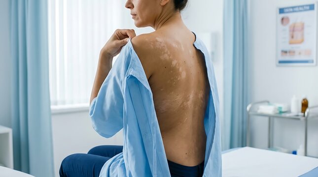 Female Patient in Medical Gown with Visible Skin Depigmentation on Her Back During a Doctor's Examination in a Clinic Setting