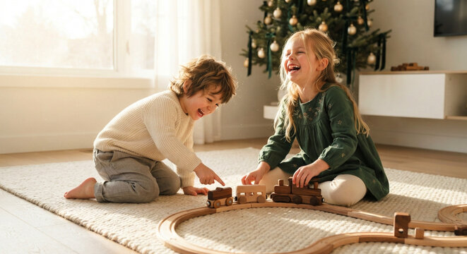 Children decorating the Christmas tree together in a cozy living room