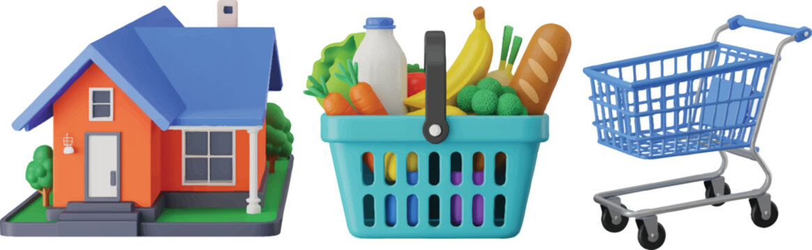 Cute cartoon house, shopping basket with groceries, and empty shopping cart isolated on transparent background.