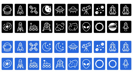 Astronomy and space exploration icons in black and blue outlines, universe cosmic symbols. © Rimon
