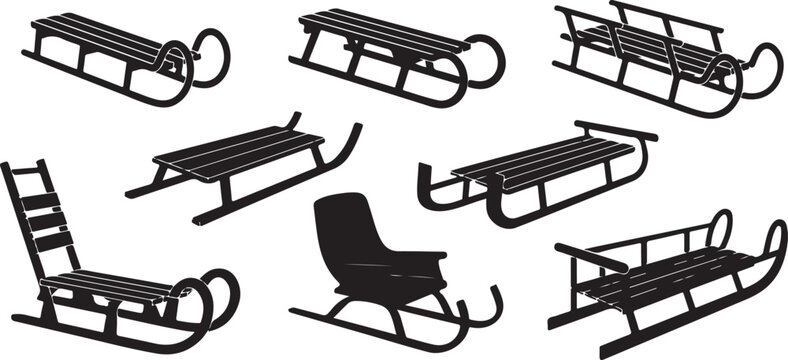 Set of various sleds and sleighs, winter equipment for outdoor activities, flat black silhouettes on transparent background.
