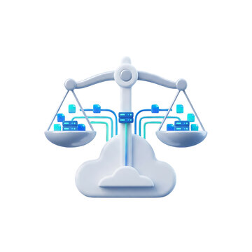 Conceptual illustration of cloud computing balance scales with data blocks transparent background