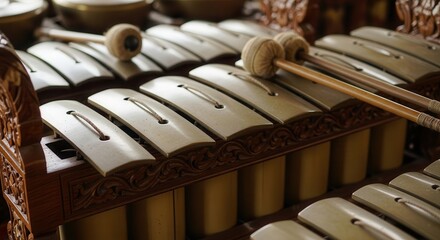 Fototapeta na wymiar Traditional Indonesian Gamelan Saron Instrument with Mallets.