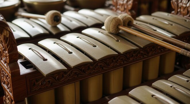 Traditional Indonesian Gamelan Saron Instrument with Mallets.