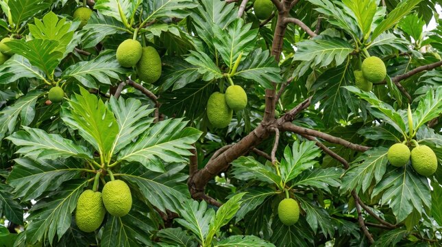 Breadfruit tree with large, deeply lobed green leaves and clusters of round, textured, light green breadfruit hanging from woody branches in a tropical orchard setting