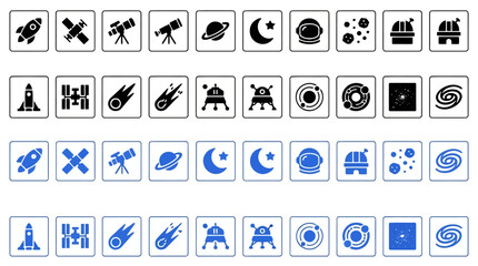 Space and astronomy vector icon set with galaxy planets moon telescope and rockets in black and blue styles. © Rimon
