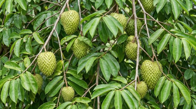 Close-up view of multiple green soursop fruits hanging from the branches of a tree, surrounded by lush, vibrant green leaves in a natural outdoor orchard setting