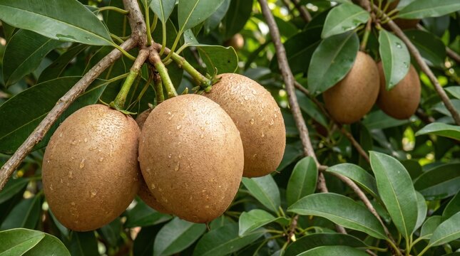 Cluster of brown sapodilla fruits hanging from a tree branch, surrounded by green oval leaves with visible water droplets on the textured skin of the ripening fruit